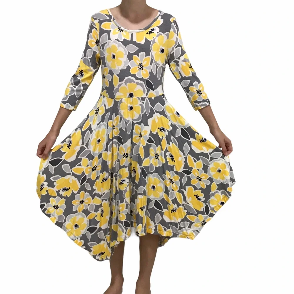 GYMBOREE Maxi Dress Size 6 A-Symmetrical Yellow Gray Floral 3/4 Sleeve